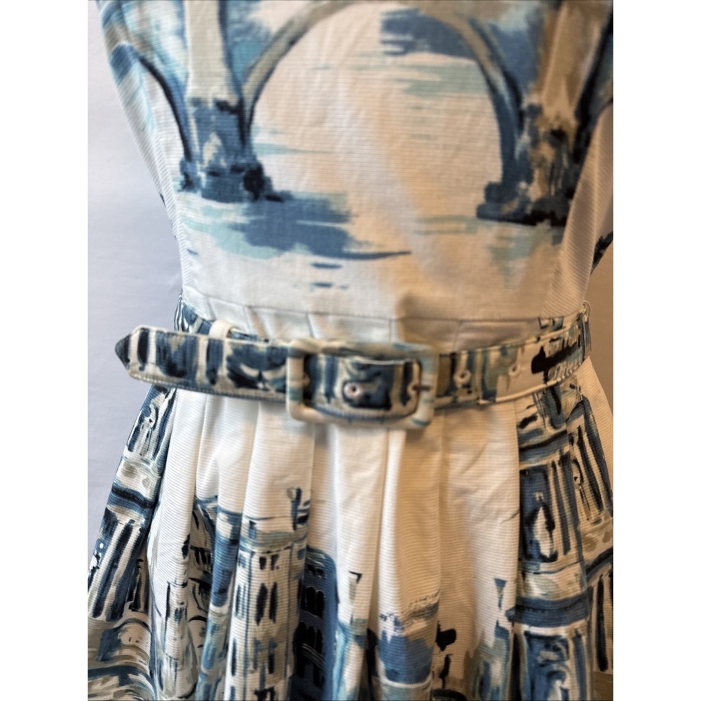 Talbots Painterly Scenic Rome Fit & Flare Dress 2 Pockets Belted  Brunch Artsy - Picture 3 of 12